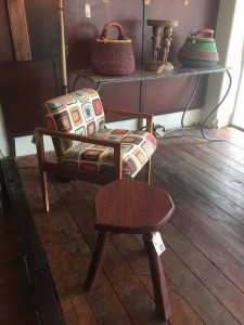 Chair and three legged redgum stool    